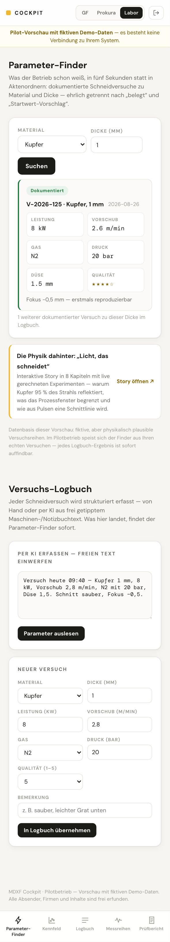 Labor-Cockpit am Handy in der Halle: Parameter-Finder und Versuch eintragen