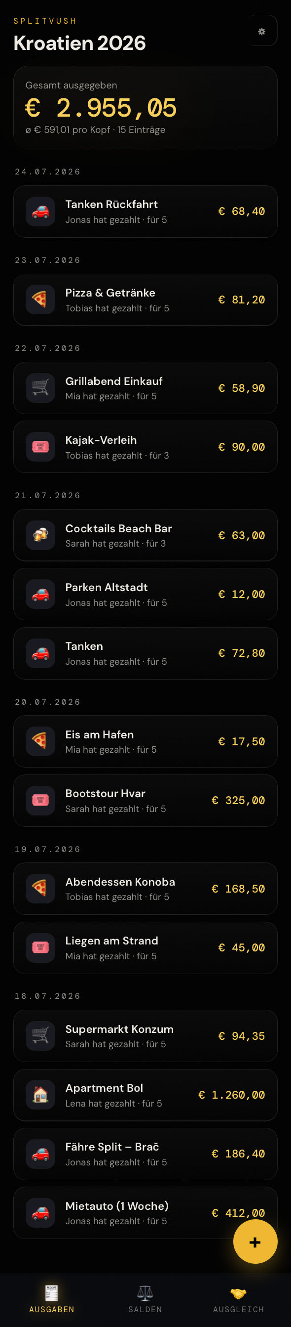 Reisekasse am Handy: Gesamtsumme und alle Ausgaben der Reisegruppe